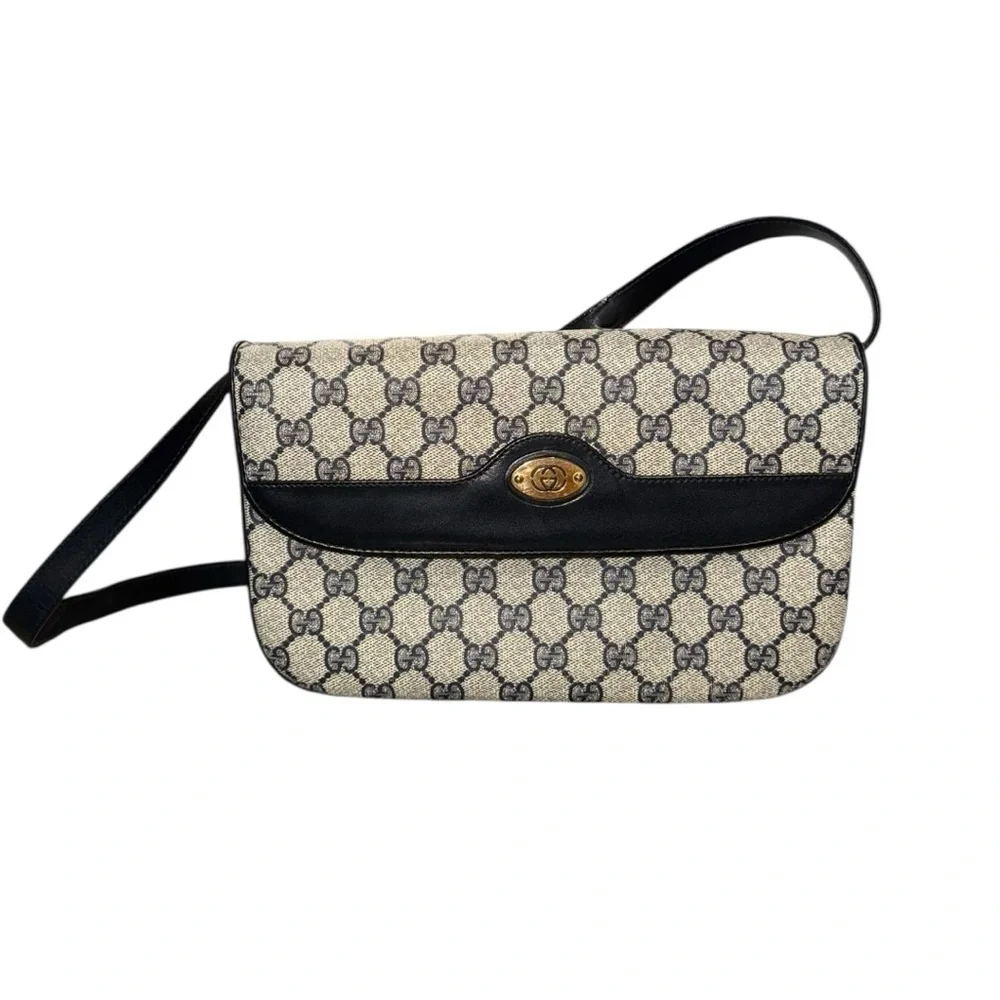 Vintage Gucci GG Monogram Shoulder Bag Navy Leather Trim | Unused 1970s